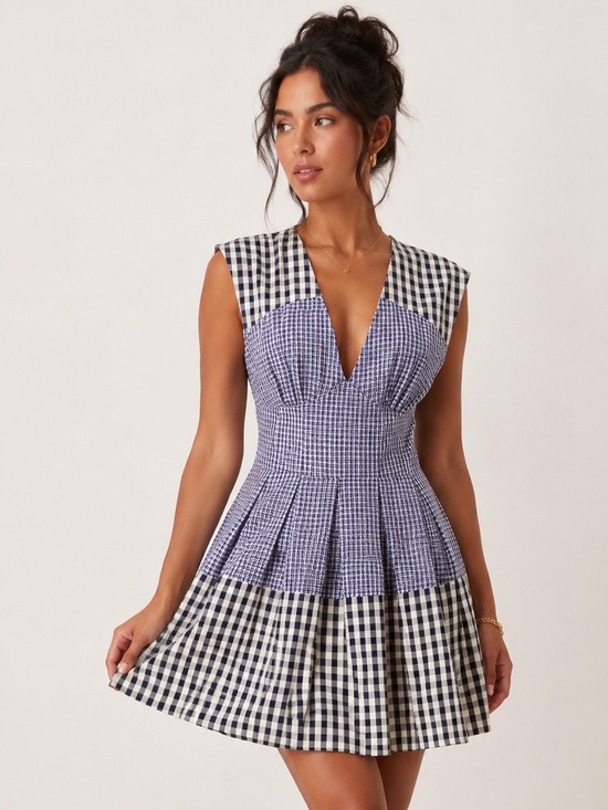 ASOS Dresses & Skirts - NWT ASOS Design Mixed Gingham Tiered Mini Dress Blue White V Neck Size 6